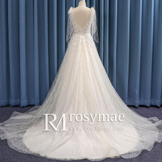 Spaghetti Strap Deep V-neck Tulle Lace Wedding Dress with Low Back