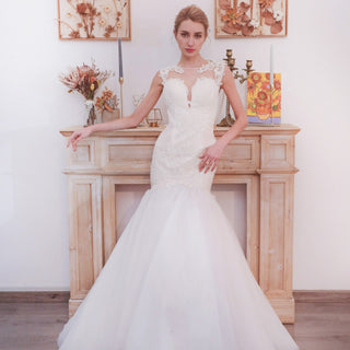 Glittery Cap Sleeve Trumpet Wedding Dress with Beaded Illusion Back - Rosymae