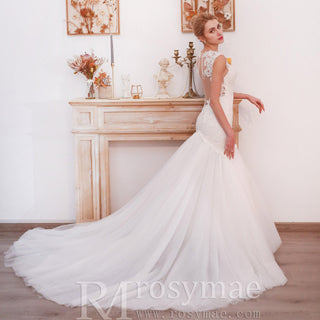 Glittery Cap Sleeve Trumpet Wedding Dress with Beaded Illusion Back - Rosymae