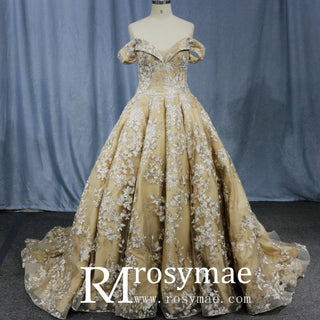 Golden Wedding Dress 3D Embroidery Lace Bridal Gowns - Rosymae