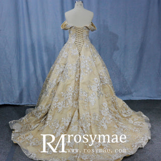 Golden Wedding Dress 3D Embroidery Lace Bridal Gowns - Rosymae