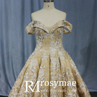 Golden Wedding Dress 3D Embroidery Lace Bridal Gowns - Rosymae