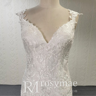 Gorgeous Fit and Flare Capped Floral Lace Wedding Dress - Rosymae