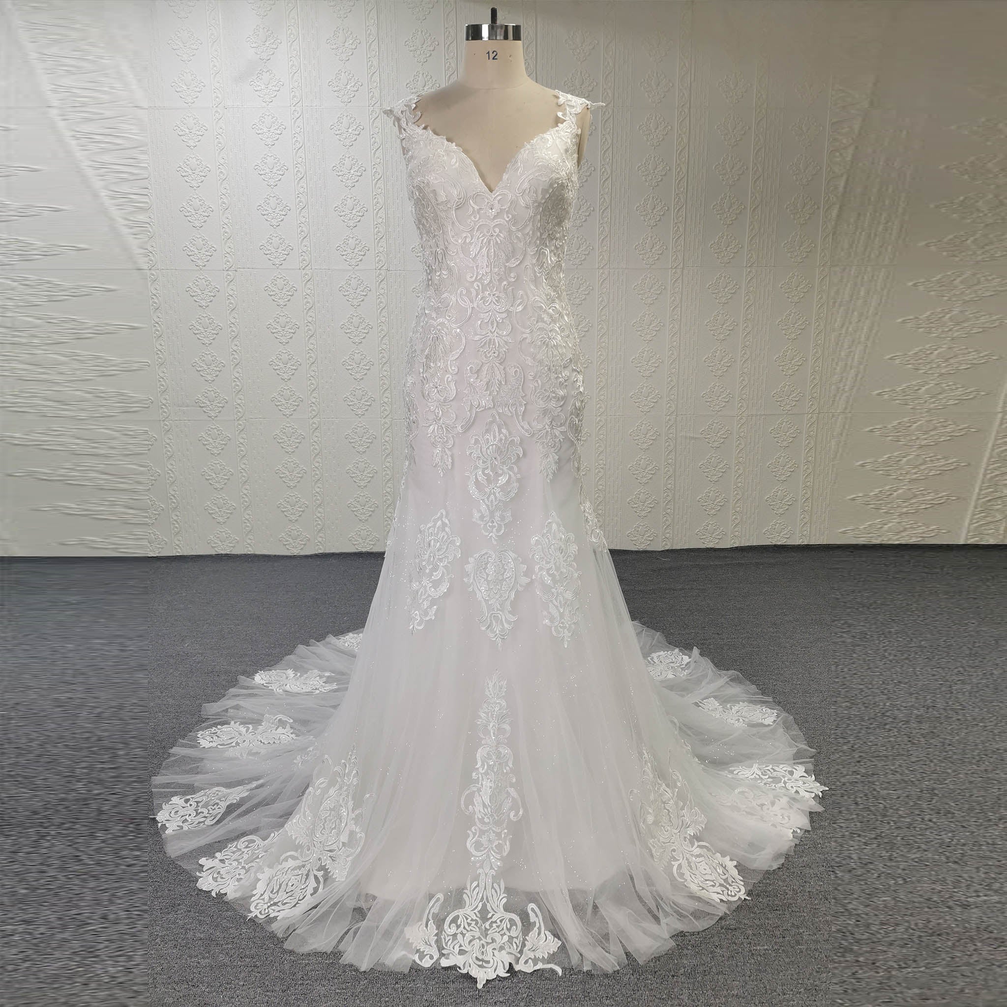 Gorgeous Fit and Flare Capped Floral Lace Wedding Dress - Rosymae
