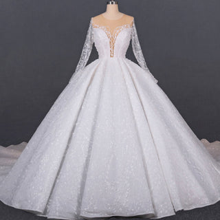 Gorgeous Long Sleeve Ballgown Wedding Dress with Plunging - Rosymae