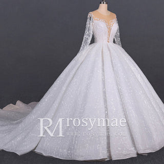 Gorgeous Long Sleeve Ballgown Wedding Dress with Plunging - Rosymae