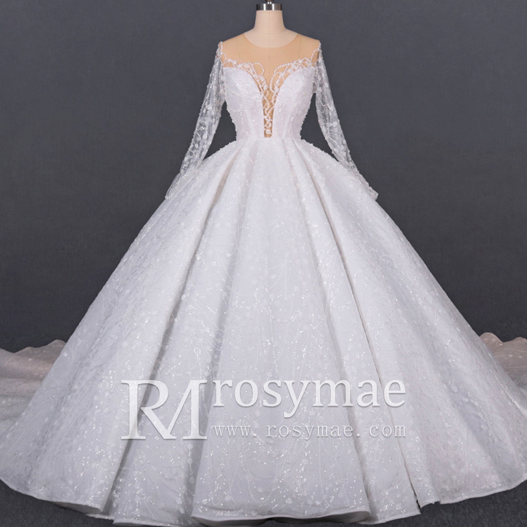 Gorgeous Long Sleeve Ballgown Wedding Dress with Plunging - Rosymae