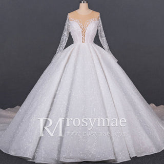 Gorgeous Long Sleeve Ballgown Wedding Dress with Plunging - Rosymae