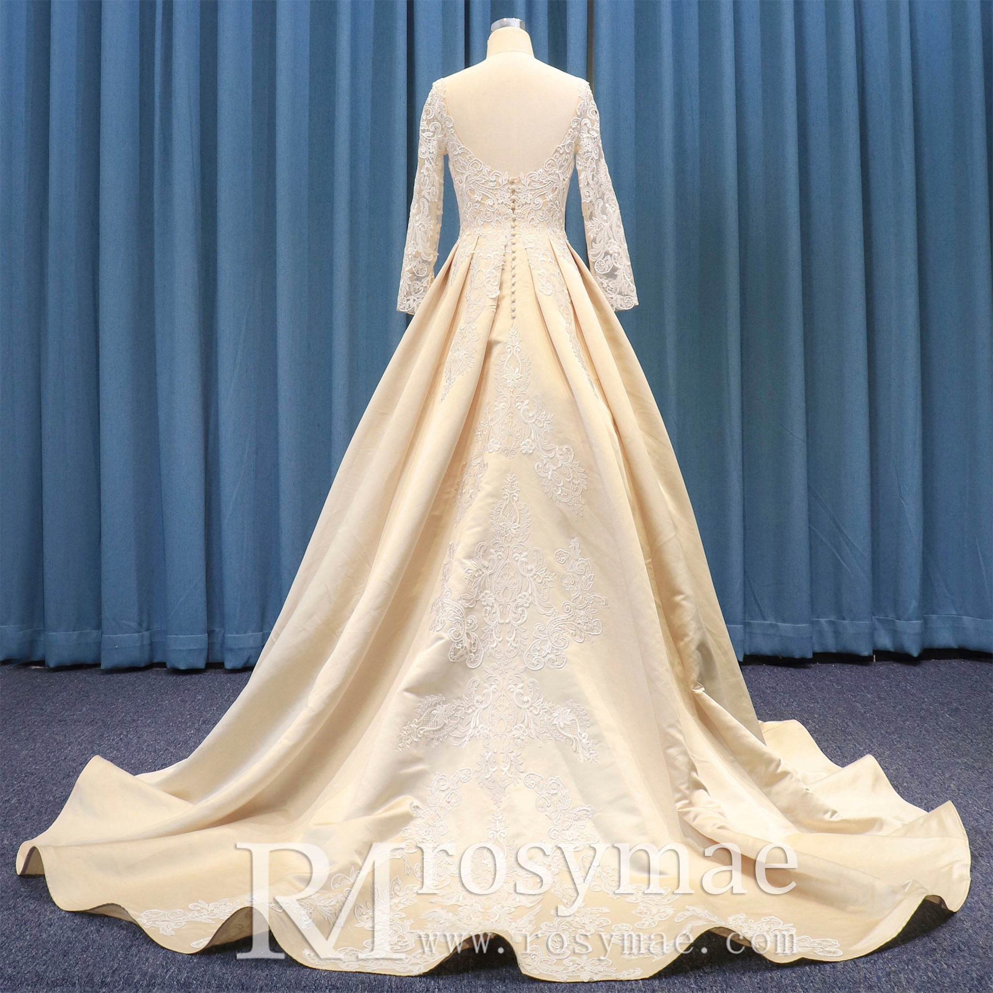 Gorgeous Long Sleeve Lace Satin A-Line Wedding Dress Champagne - Rosymae