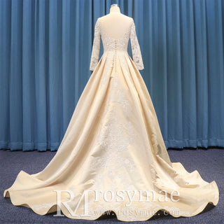 Gorgeous Long Sleeve Lace Satin A-Line Wedding Dress Champagne - Rosymae