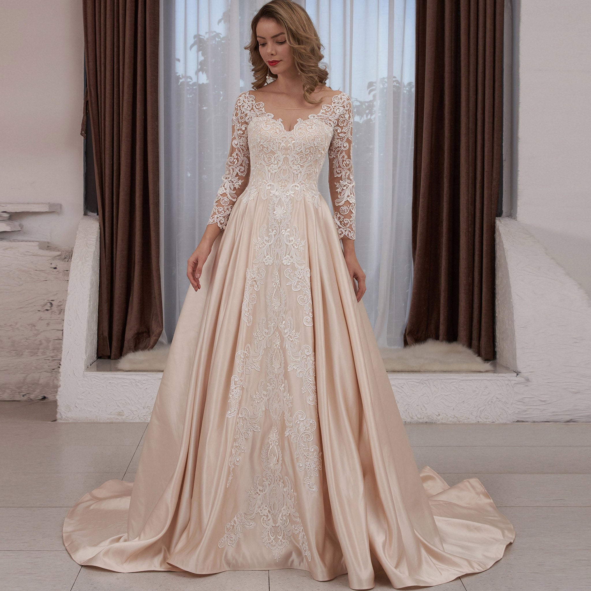 Gorgeous Long Sleeve Lace Satin A-Line Wedding Dress Champagne - Rosymae