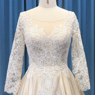 Gorgeous Long Sleeve Lace Satin A-Line Wedding Dress Champagne - Rosymae