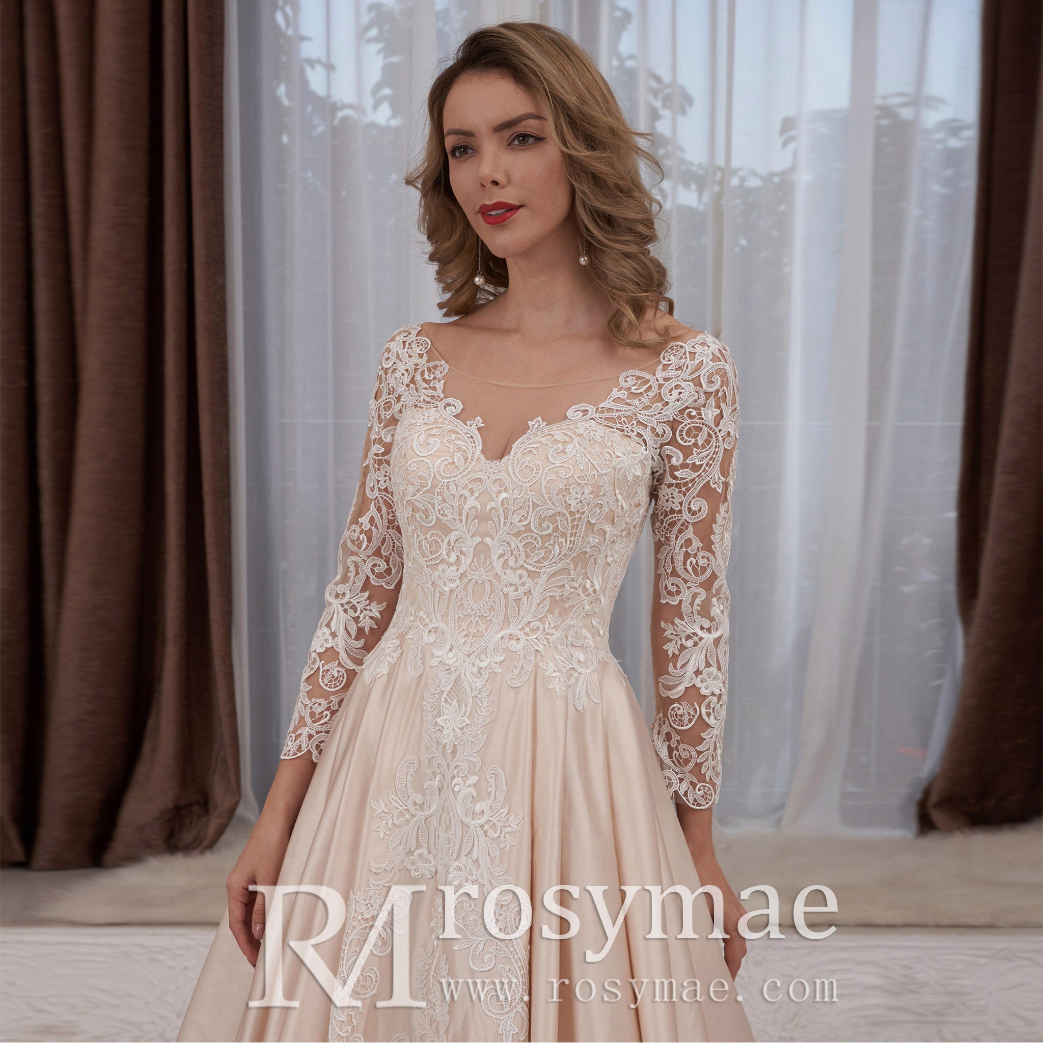 Gorgeous Long Sleeve Lace Satin A-Line Wedding Dress Champagne - Rosymae
