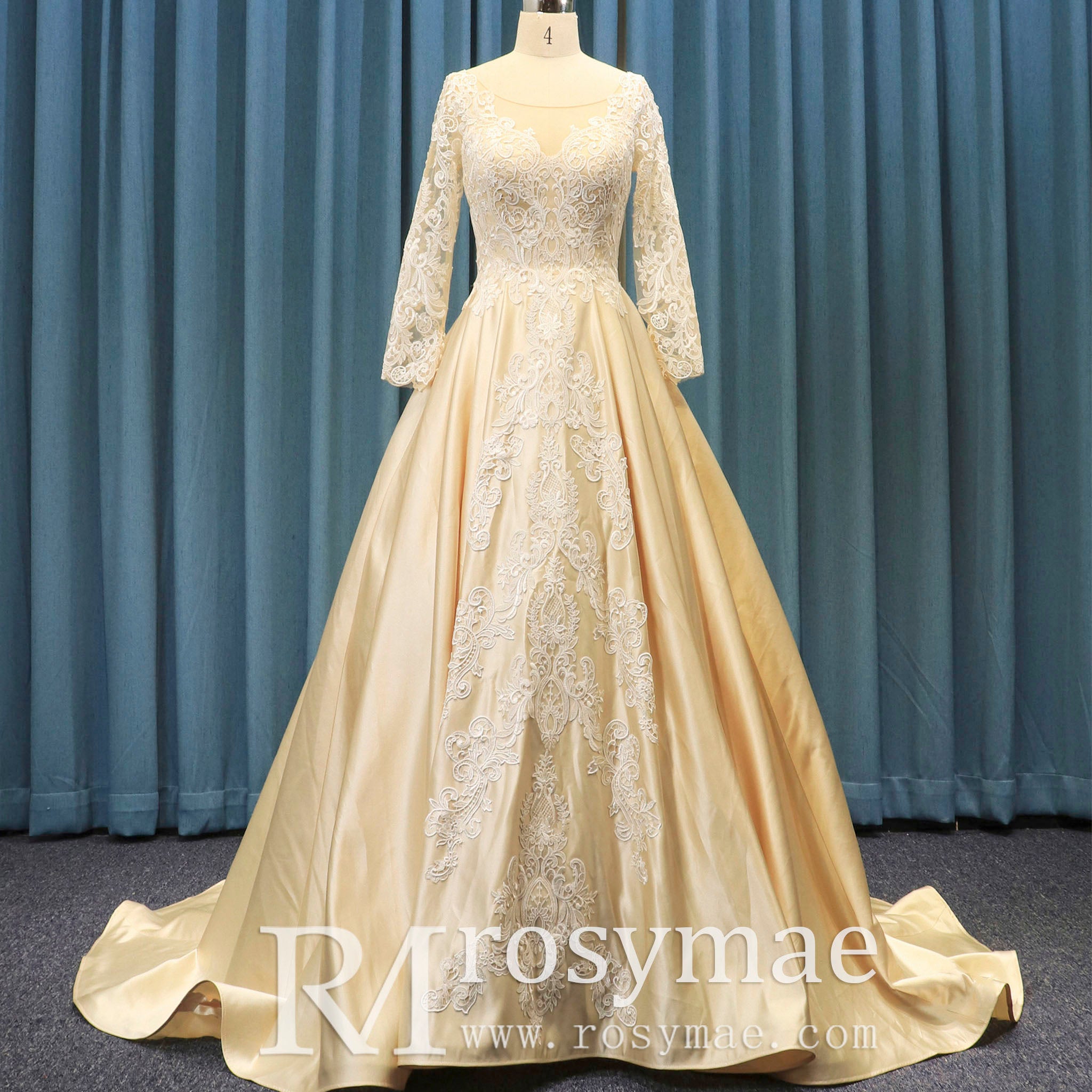 Gorgeous Long Sleeve Lace Satin A-Line Wedding Dress Champagne - Rosymae