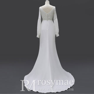 Gorgeous Long Sleeves V-Neck Mermaid Wedding Dress - Rosymae