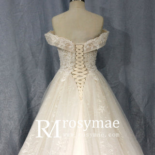 Gorgeous Off the Shoulder Lace Ball Gown Wedding Dresses - Rosymae