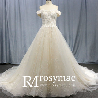 Gorgeous Off the Shoulder Lace Ball Gown Wedding Dresses - Rosymae