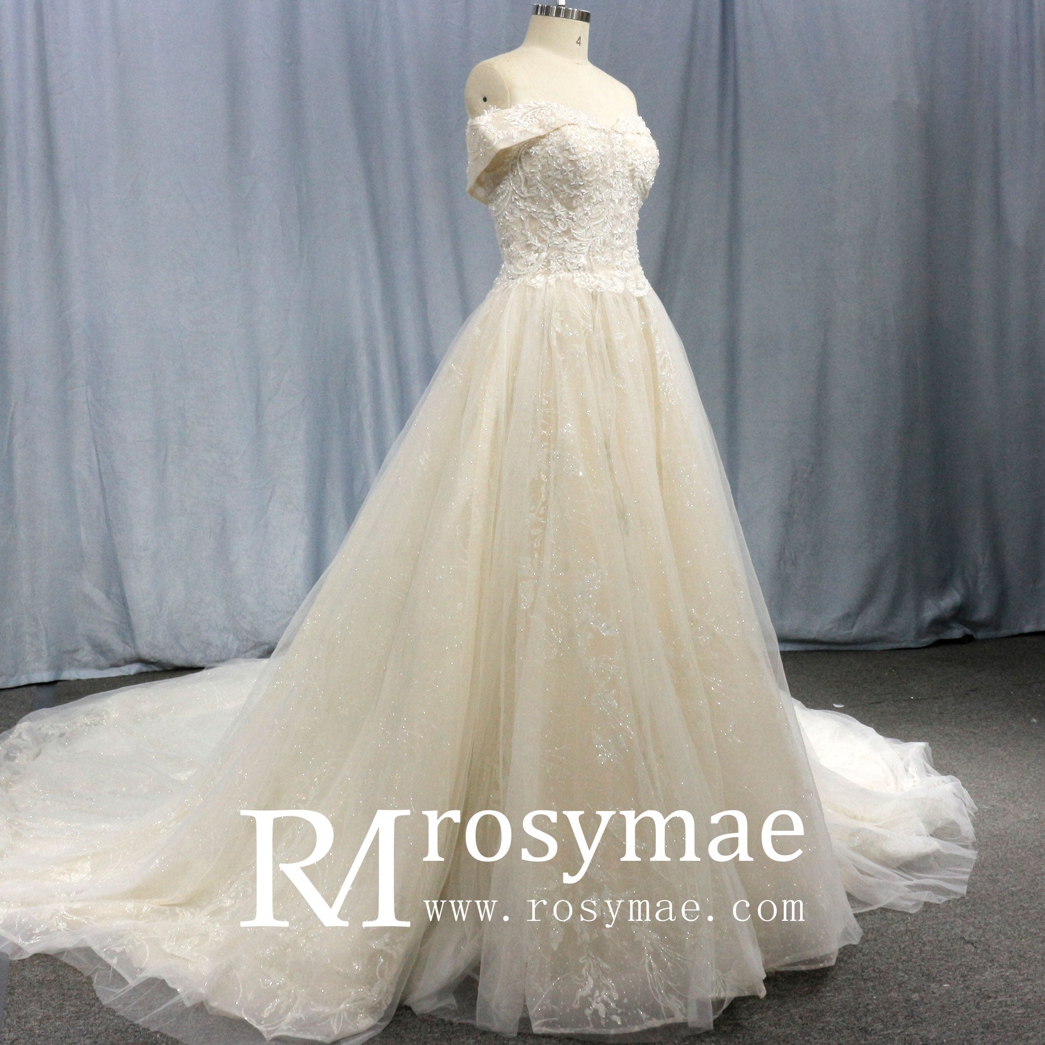 Gorgeous Off the Shoulder Lace Ball Gown Wedding Dresses - Rosymae