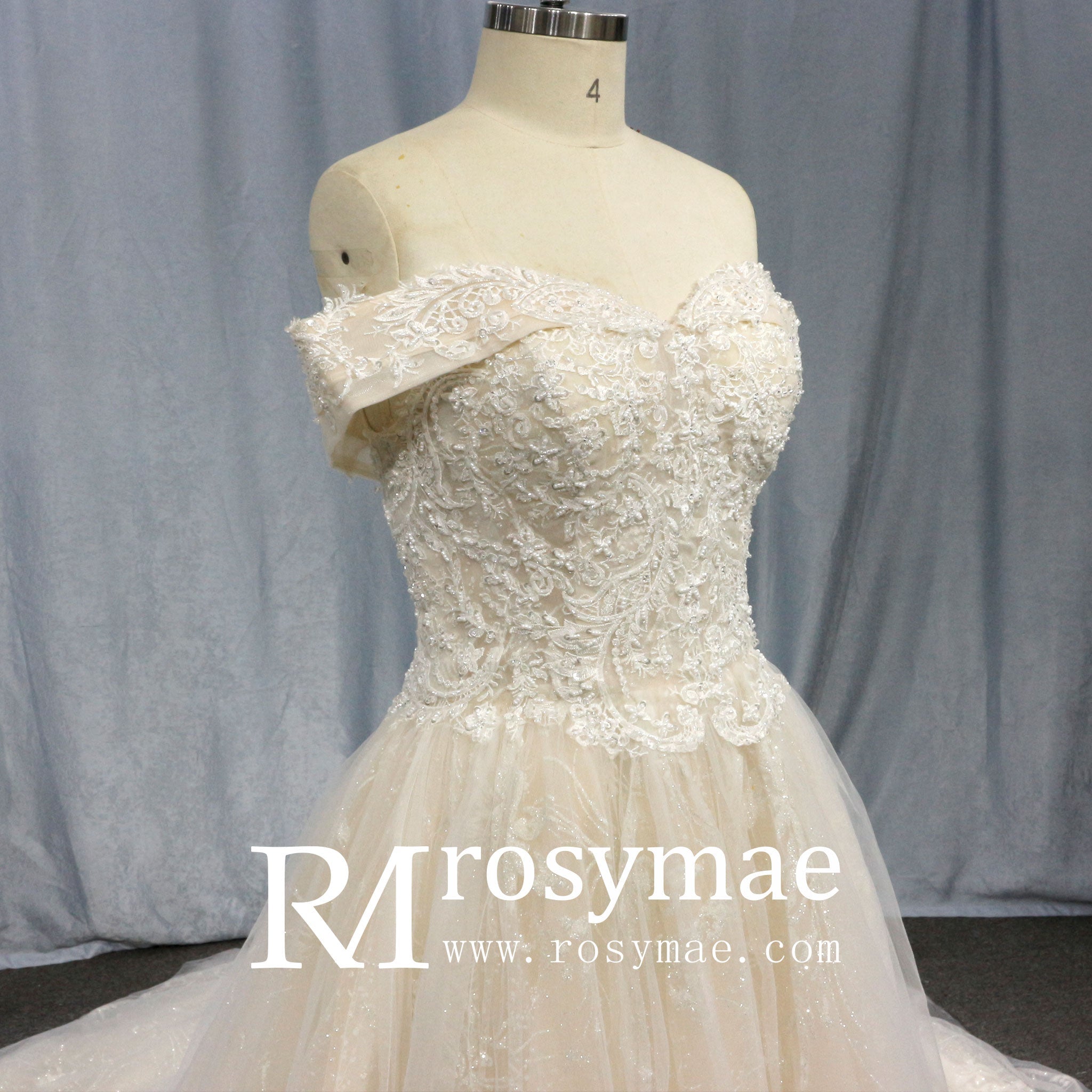 Gorgeous Off the Shoulder Lace Ball Gown Wedding Dresses - Rosymae