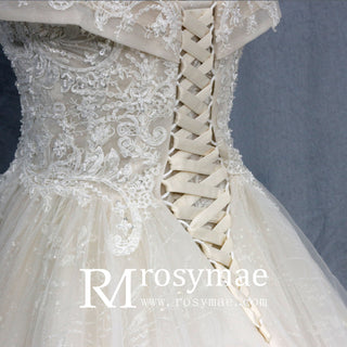 Gorgeous Off the Shoulder Lace Ball Gown Wedding Dresses - Rosymae