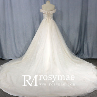 Gorgeous Off the Shoulder Lace Ball Gown Wedding Dresses - Rosymae