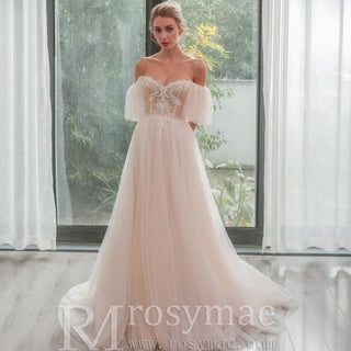 Gorgeous Off-The-Shoulder Sweetheart A Line Wedding Dresses - Rosymae