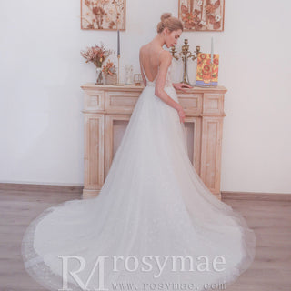Gorgeous Spaghetti Straps Floral Lace A-Line Wedding Dress - Rosymae