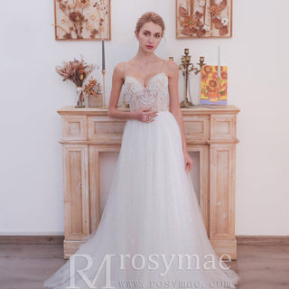 Gorgeous Spaghetti Straps Floral Lace A-Line Wedding Dress - Rosymae