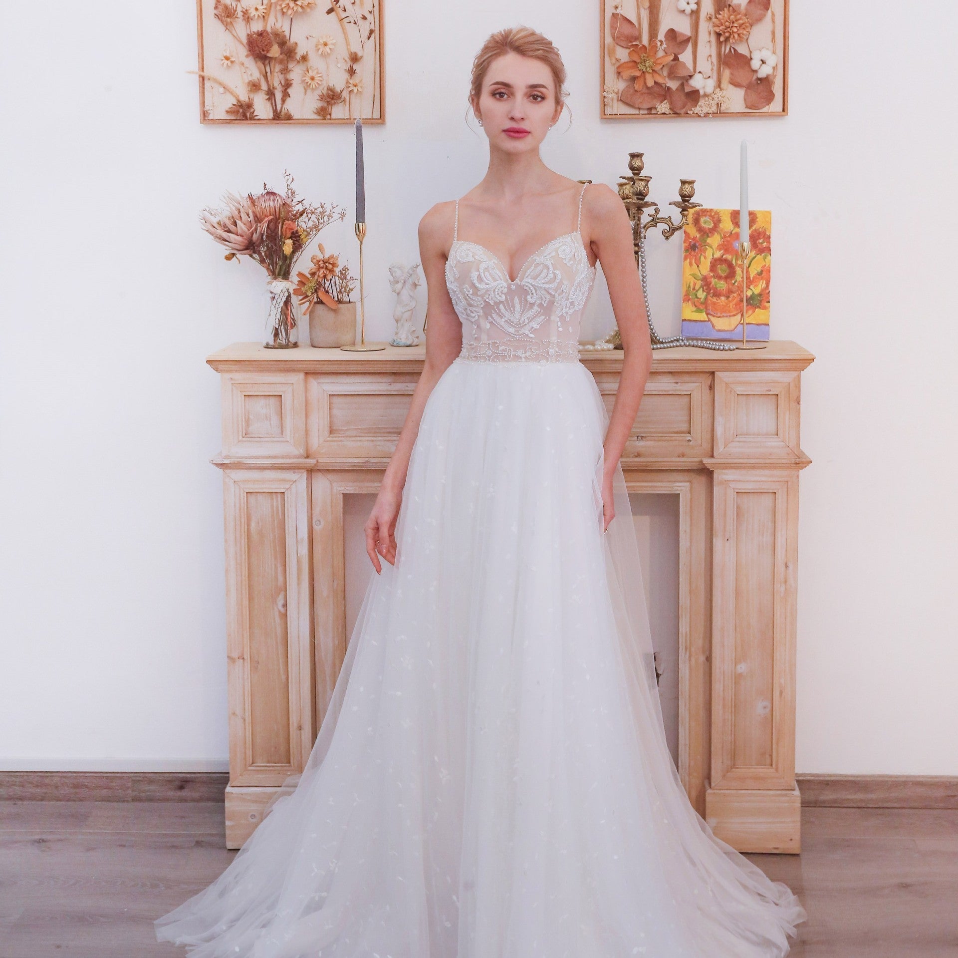 Gorgeous Spaghetti Straps Floral Lace A-Line Wedding Dress - Rosymae