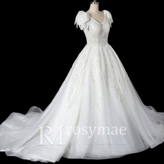 Gorgeous Sparkly Ballgown Cap Sleeve Wedding Dresses - Rosymae