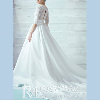 Half Sleeves Lace & Satin Wedding Dress with Sheer Bodice