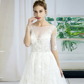Half Sleeve Sheer Floral Lace A-line Wedding Dress with Chaple Train