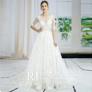 Half Sleeve Sheer Floral Lace A-line Wedding Dress with Chaple Train