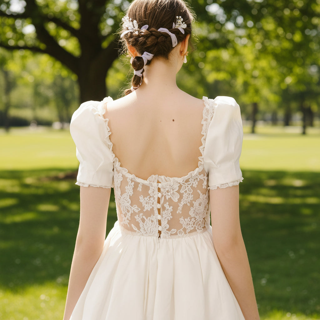 Lantern Short Sleeve Tea Length Wedding Dress with Square-neck Rosymae Lantern Short Sleeve Tea Length Wedding Dress with Square-neck Rosymae