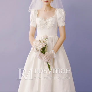 Lantern Short Sleeve Tea Length Wedding Dress with Square-neck