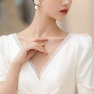Elegant Double V-Neck Satin Wedding Gown with Half Sleeve