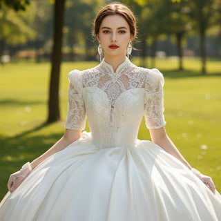 Half Sleeve Satin Wedding Dresses with Sheer High Neck & Keyhole - Rosymae
