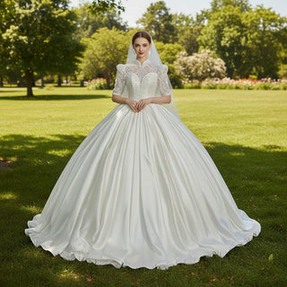 Half Sleeve Satin Wedding Dresses with Sheer High Neck & Keyhole Ivory / 30W