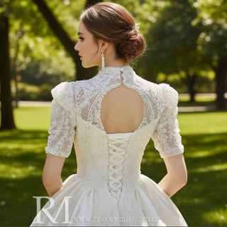 Half Sleeve Satin Wedding Dresses with Sheer High Neck & Keyhole - Rosymae