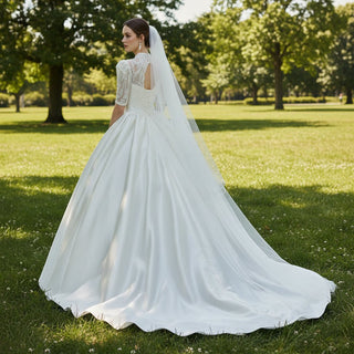 Half Sleeve Satin Wedding Dresses with Sheer High Neck & Keyhole - Rosymae