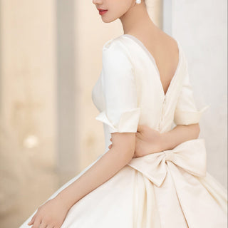 Elegant Double V-Neck Satin Wedding Gown with Half Sleeve