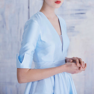 Tea Length Sky Blue Satin Wedding Dress with Half Sleeves