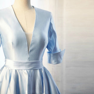 Tea Length Sky Blue Satin Wedding Dress with Half Sleeves