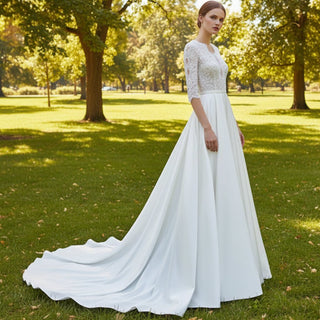 Half Sleeves Lace & Satin Wedding Dress with Sheer Bodice - Rosymae
