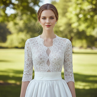 Half Sleeves Lace & Satin Wedding Dress with Sheer Bodice - Rosymae