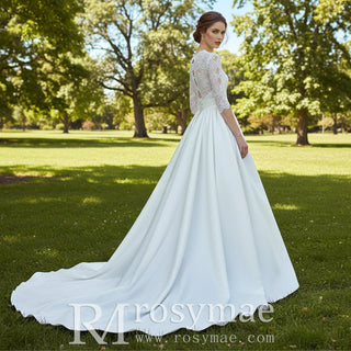 Half Sleeves Lace & Satin Wedding Dress with Sheer Bodice - Rosymae