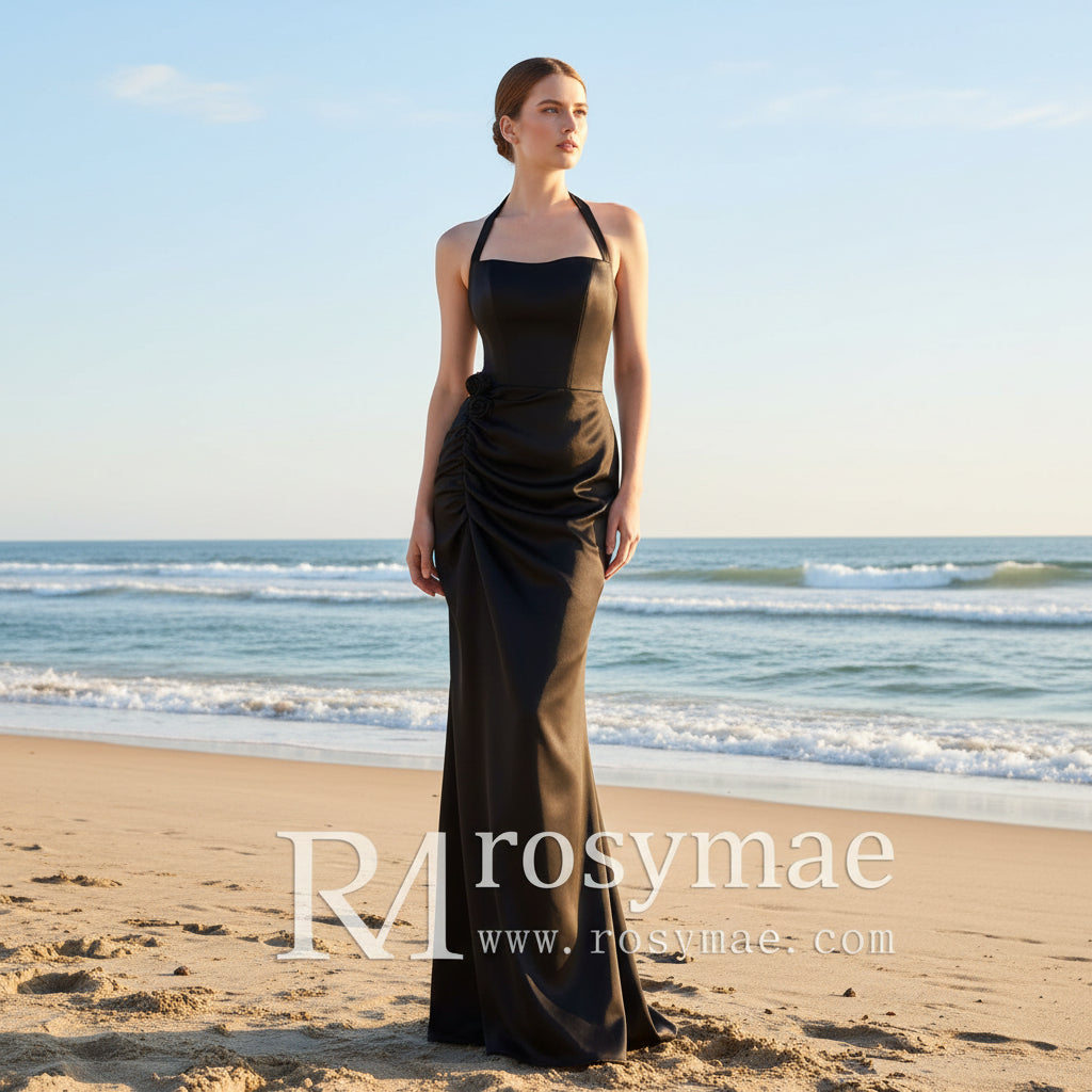 Halter Neck Black Satin Bridesmaid Dress Mermaid Plain for Womens Rosymae Halter Neck Black Satin Bridesmaid Dress Mermaid Plain for Womens Rosymae