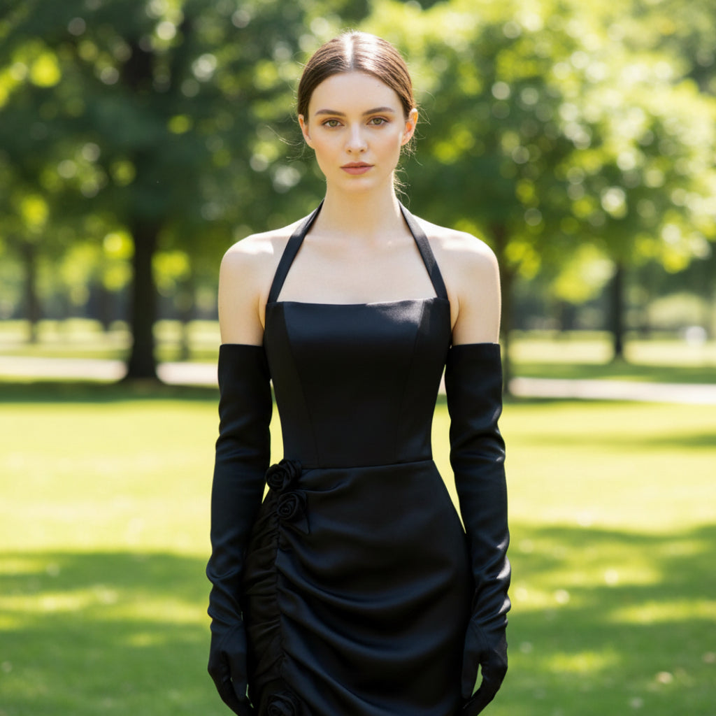 Halter Neck Black Satin Bridesmaid Dress Mermaid Plain for Womens Rosymae Halter Neck Black Satin Bridesmaid Dress Mermaid Plain for Womens Rosymae