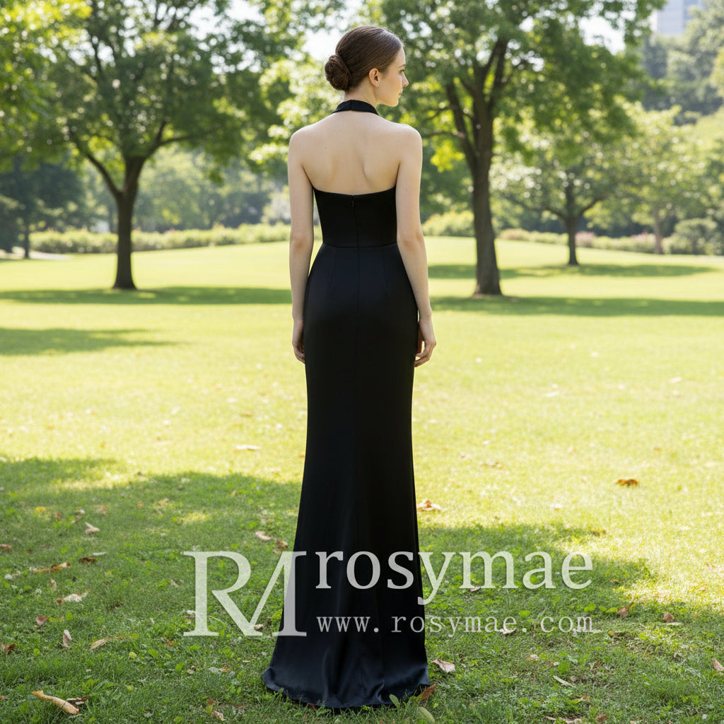 Halter Neck Black Satin Bridesmaid Dress Mermaid Plain for Womens Rosymae Halter Neck Black Satin Bridesmaid Dress Mermaid Plain for Womens Rosymae