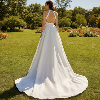 Halter High Neck Ruched Wedding Dresses with Leg Slit - Rosymae